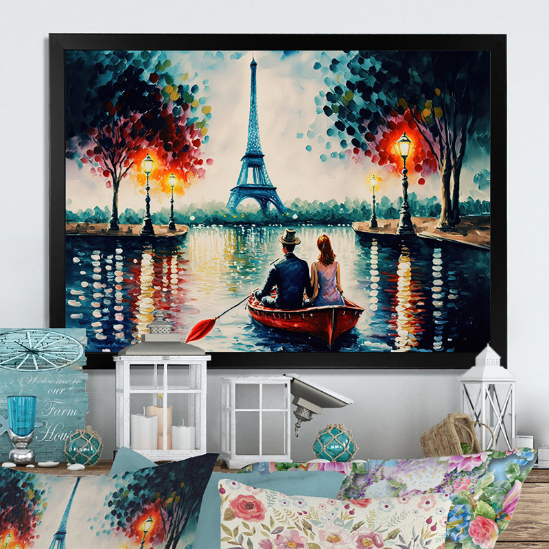 Soirée romantique sur un petit bateau IV - Peinture sur toile, H 12 po x l 20 po x P 1 po, Cadre photo noir