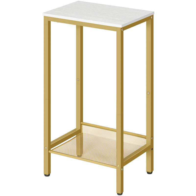 Table d'appoint haute, table de bout industrielle avec tablettes réglables en filet, pour salon, chambre à coucher, vestibule, bureau, blanc et or