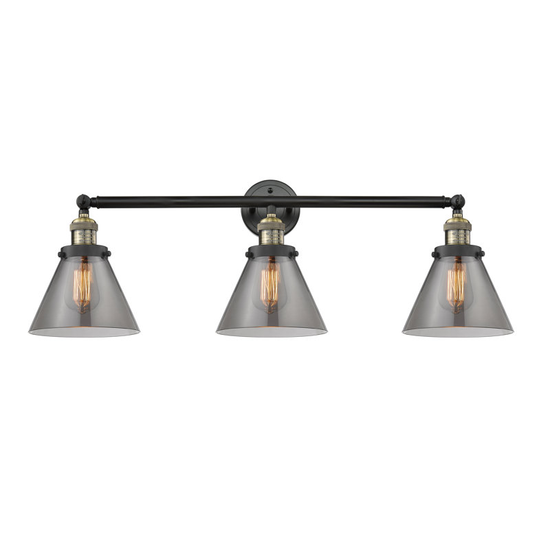 Éclairage pour meuble-lavabo de salle de bain 3 lumières Cone, Plaqué couleur fumée, Laiton antique noir, Incandescent