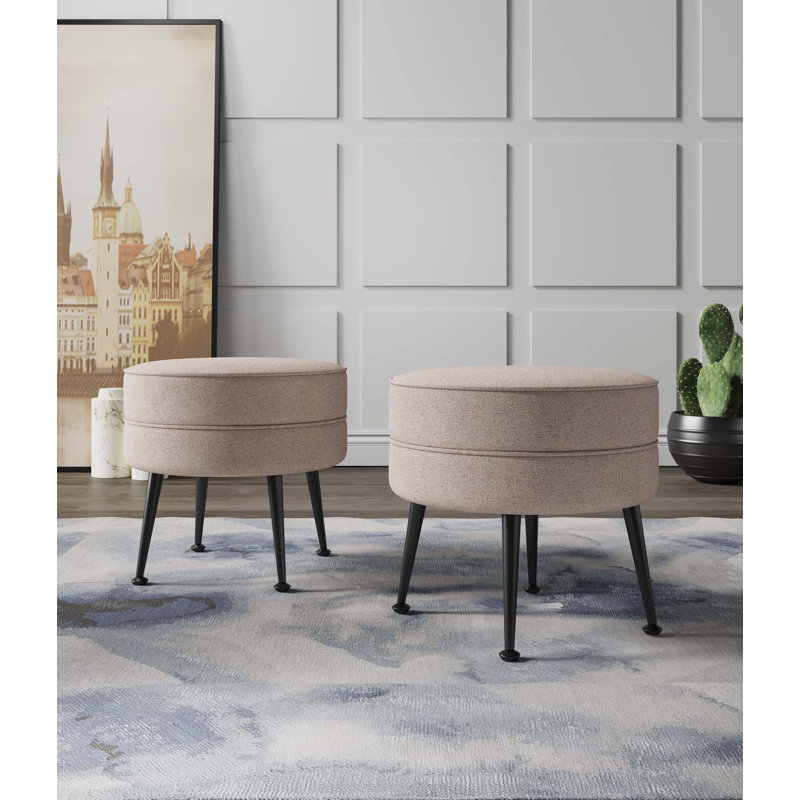 Luker Woven Polyester Blend Upholstered Ottoman in Oatmeal with Gold Feet (Set of 2), Beige, Black