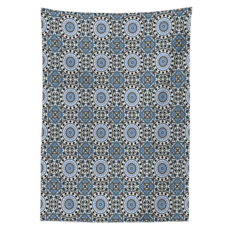 Orient Tablecloth, Retro Style Motifs Mosaic Ceramic Design Traditional Culture Print, Rectangular Table Cover For Dining Room Kitchen Decor, 60" X 84", Grey White Blue