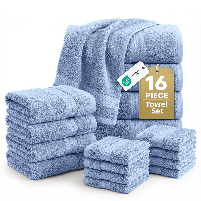 Ensemble de 16 serviettes 100 % coton, douces, absorbantes et à séchage rapide, pour la salle de bain et l'usage domestique.