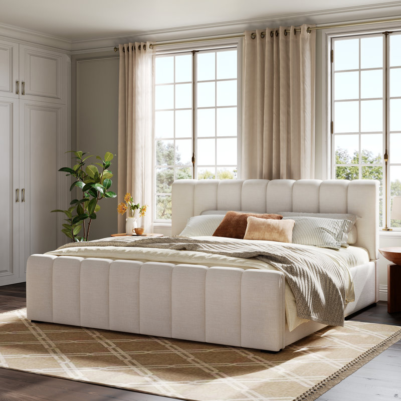 Sahara Upholstered Linen Bed Frame with Thick Headboard &  Solid Wood Legs, King