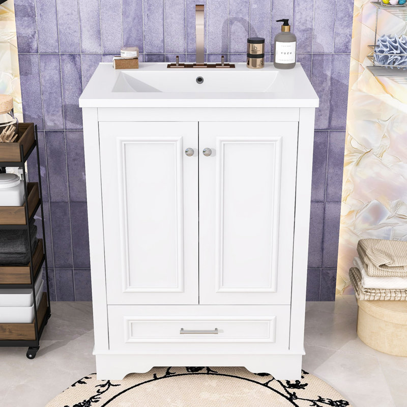 Drawer Bathroom Vanity with Ceramic Sink, Adjustable Shelves and Soft-Close Doors Cabinet, Silver, White