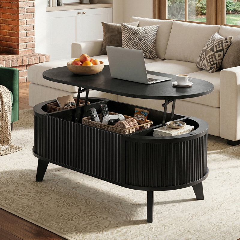 Lyra Lift Top Coffee Table with Storage, Modern Black Oval Wood Coffee Table for Living Room,38.6"W x 18.9"D x 18.5"H, Black