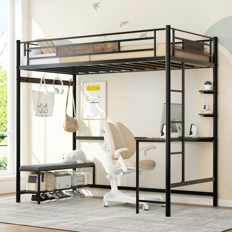 Twin Size Loft Bed Frame With Storage. The Slats Are Securely Fastened To The Metal Frame With A Buckle Design