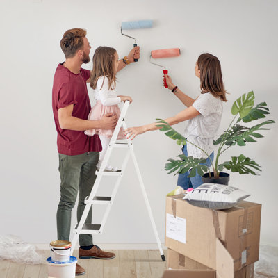 4 Step Folding Ladder, Lightweight Portable Stepladder with Anti-Slip Pedal, Ladders with Convenient Handrails,330 lbs Capacity Step Stool for Kitchen, Home, White