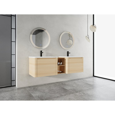 68'' Bathroom Vanity Featuring Ceramic Sink, Storage Shelves, Soft-Close Function, Plywood, American White Oak Look For Ornamentation With Feature, Furnishing