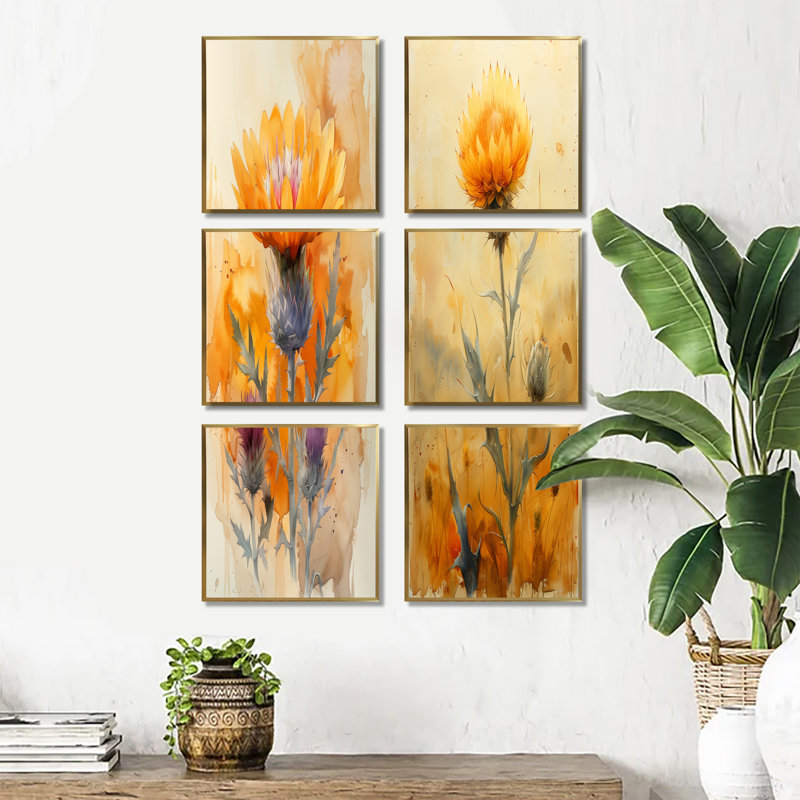 «Morning Summer Yellow Thistle», ensemble de 6 impressions sur toile Thistle, Impression encadrée sans passe-partout, Doré