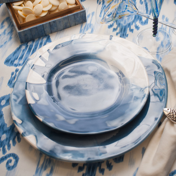 Large Blue and Cream Ceramic Serving Bowl, 12.75"