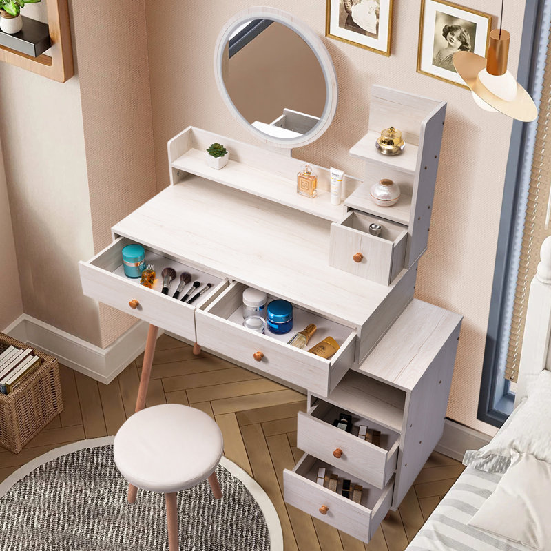Fashionable Makeup Vanity With Cushioned Seat & Drawers - ,  L31.5"-43.2"X W15.8" X H48.1" 5 Led Mirror , Adjustable Length