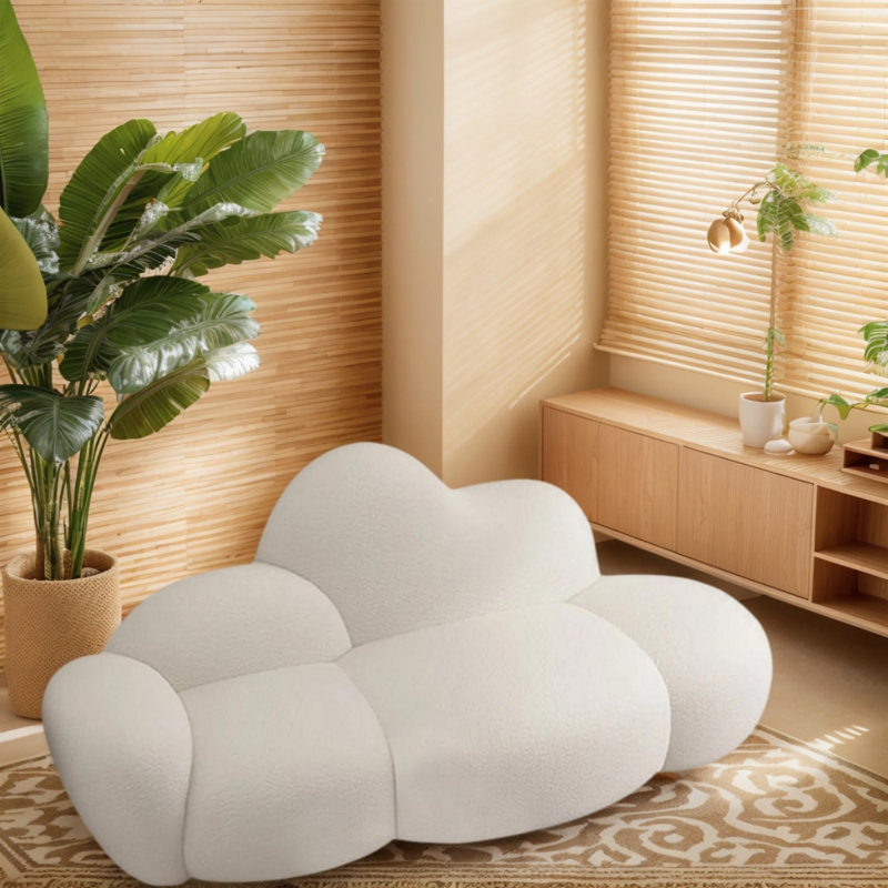 Canapé en bois massif de 59,05 pouces de style lumière française de luxe moderne blanc chaud, rembourré de velours, structure en bois massif