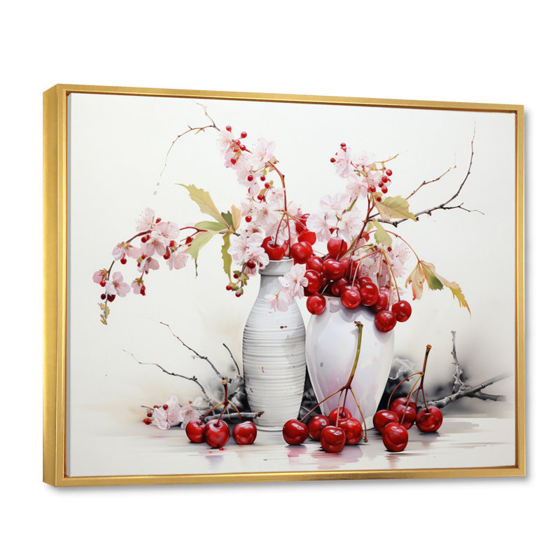 Décoration murale cerise simplicité - fruits, H 12 po x l 20 po x P 1 po, Cadre flottant doré