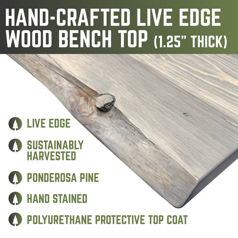 Wood Accent Bench Live Edge With Industrial Steel Pipe Legs, Gray