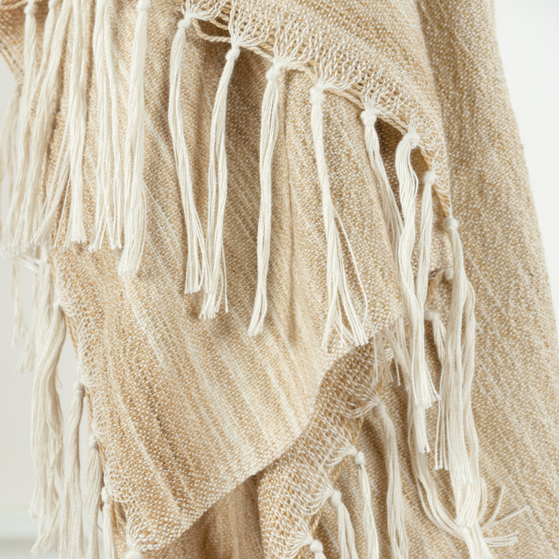 Tan and Beige Reversible Knitted Throw Blanket with Tassels