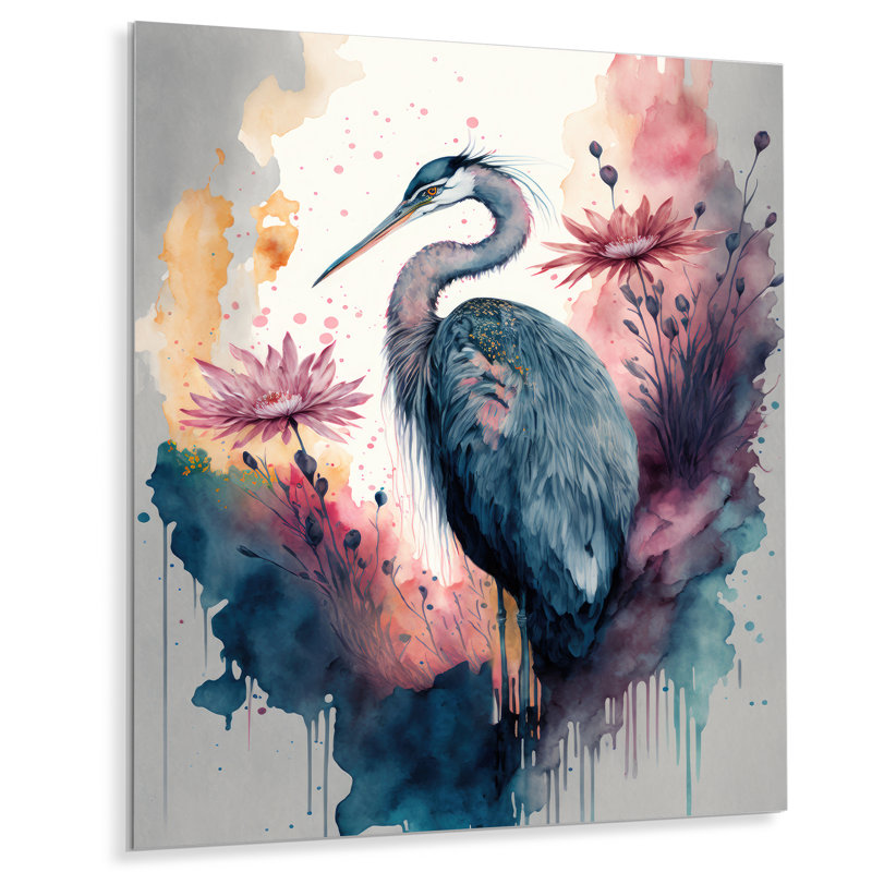 Hazelanne, héron mignon, art floral IV - décoration murale moderne en métal, H 20 po x l 12 po x P 1 po