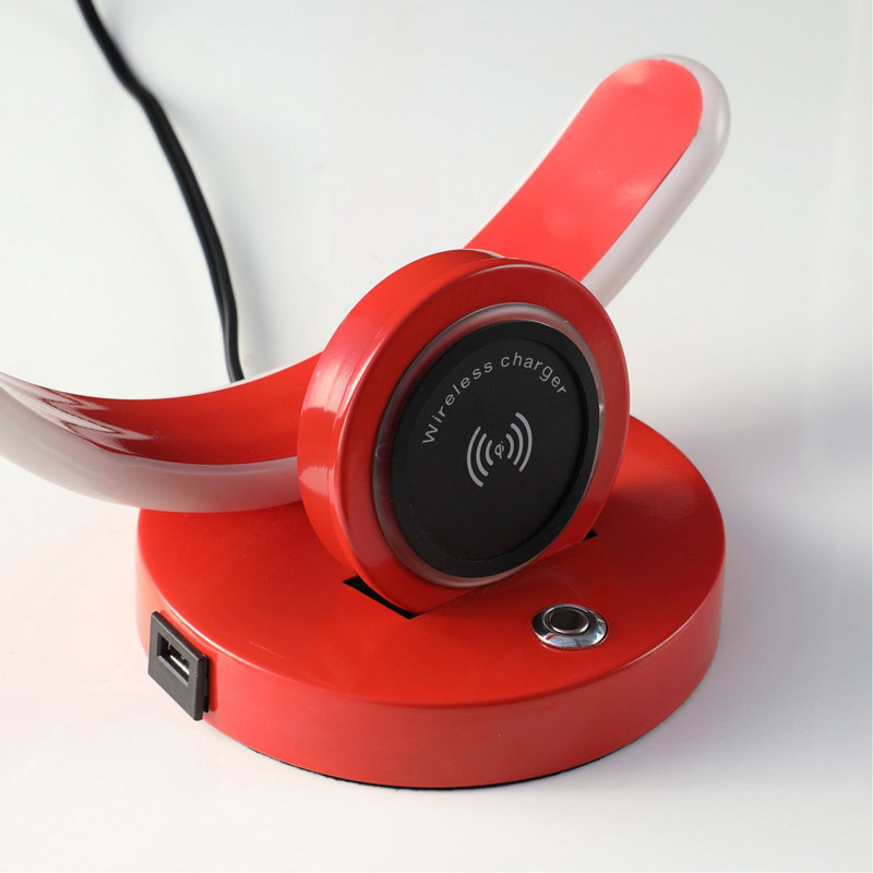 Table Lamp, 13.25", Modern C-Shape with USB/Wireless Charger & Touch Dimmer, Bright Red