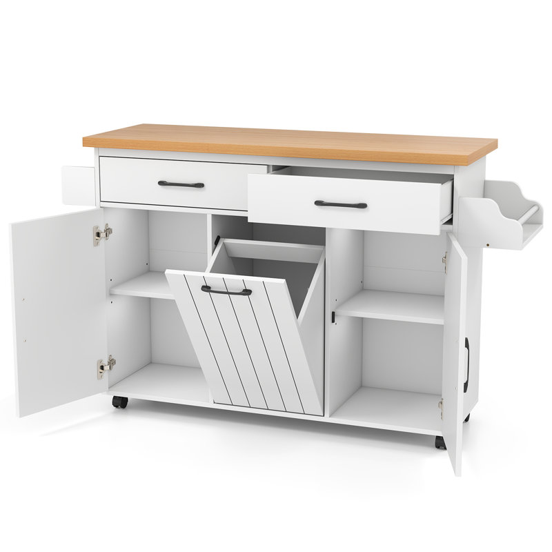 Rolling Kitchen Island Kitchen Cart with Tilt-out Trash Cabinet Island Table, White