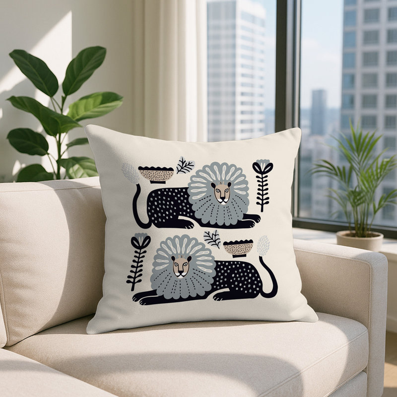 Oreiller carré réversible intérieur / extérieur Chiga Lion, Gris, Carré 15 po