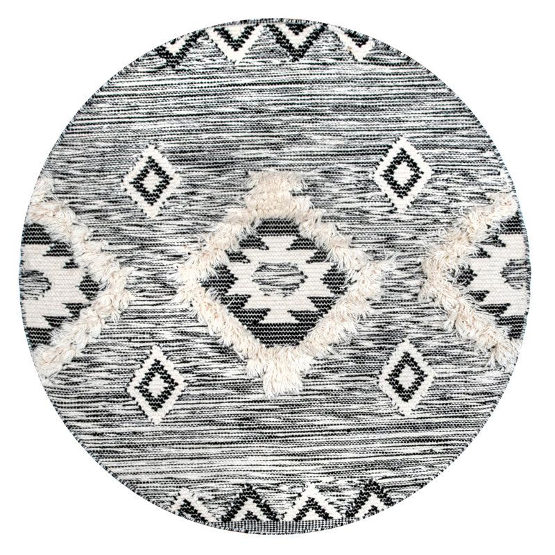 Adi Moroccan Lattice Hand-Knotted Wool Fringed Grey Area Rug, Round 4'