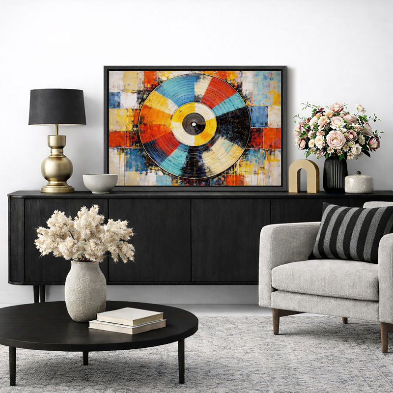 Œuvre de disque vinyle, images de musique rétro, impression sur toile encadrée, H 24 po x l 36 po x P 1,5 po, Cadre noir