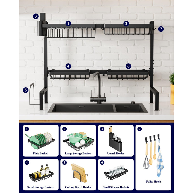 Égouttoir à vaisselle au-dessus de l'évier - Égouttoir réglable pour évier de cuisine avec grande capacité, égouttoir à vaisselle à 2 niveaux avec paniers multifonctionnels, noir