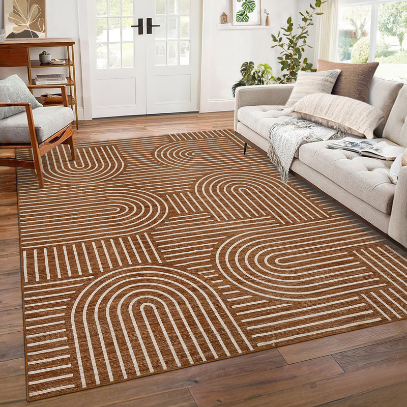 Living Room Rug 8x10 Modern Abstract Rug Non Slip Washable Foldable Geometric Stripe Carpet Non Shedding Floor Covering Mat for Office Camel
