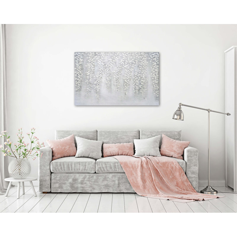 "Whispering Breeze" White Floral Abstract Wrapped Canvas Wall Art Print
