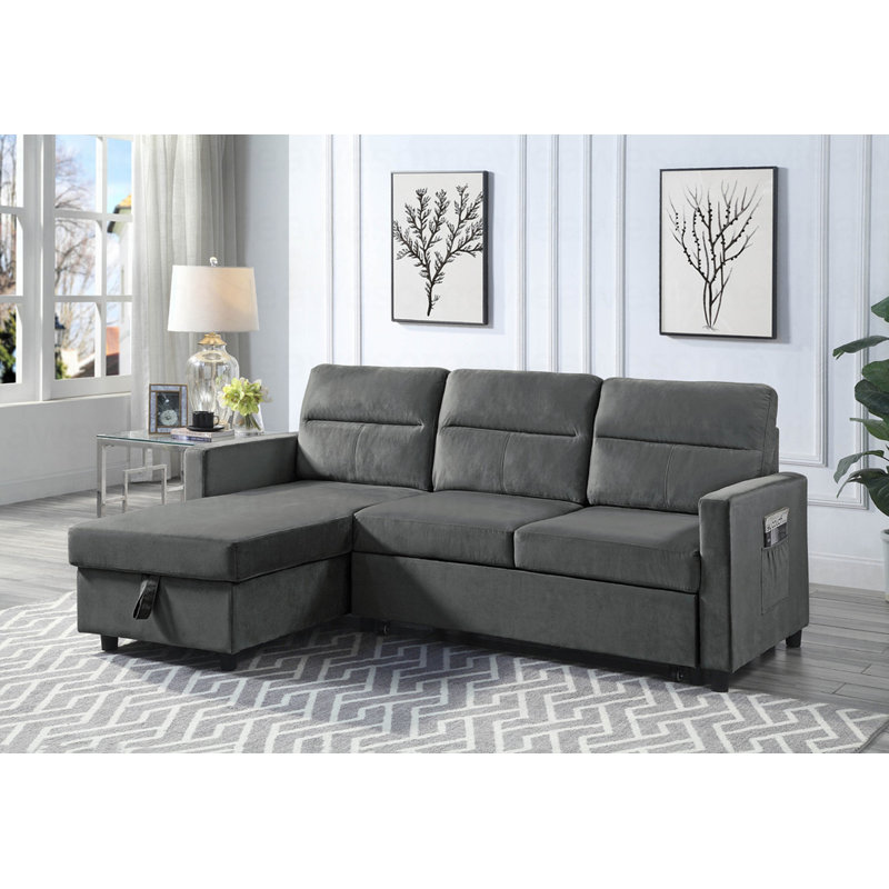 Modern 81.5"W Dark Gray Velvet Reversible Sleeper Sectional Sofa With Storage Chaise And Side Pocket, Dark Gray Velvet