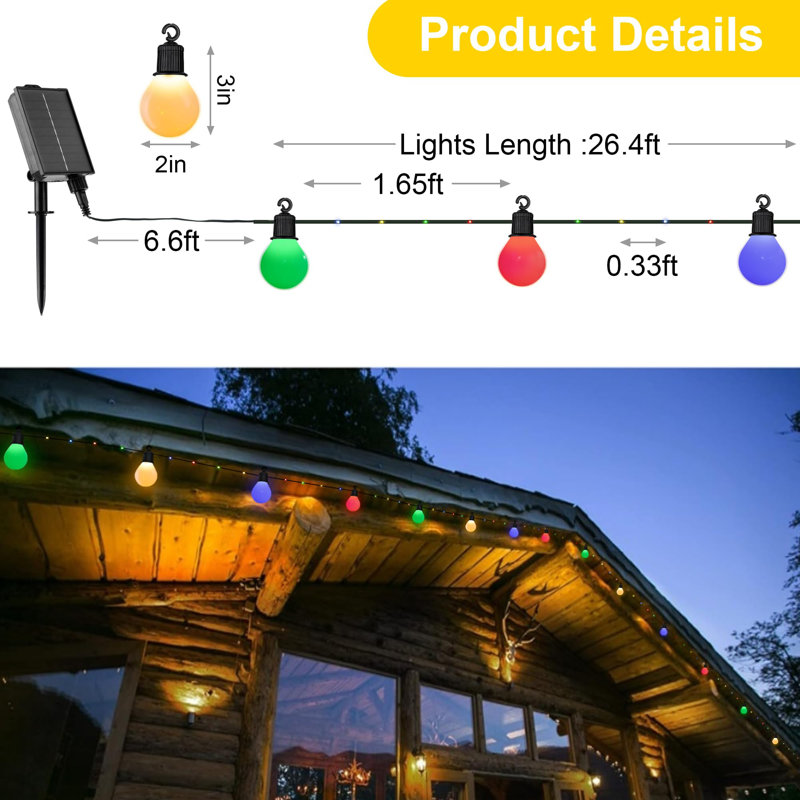 Solar String Lights Outdoor, 26Ft Waterproof Solar Lights With Remote, 16 G50 Bulbs Solar Powered Light With Timer 8 Modes For Outdoor Indoor Garden Patio Balcony Holiday (Multi-Coloured)