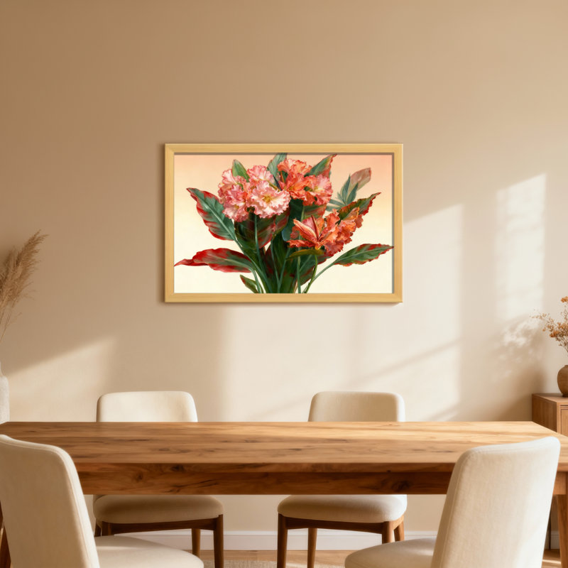 Arrangement floral de plantes et de fleurs avec des fleurs roses et oranges, H 12 po x l 18 po, Toile tendue