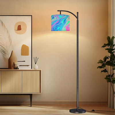 Arc Floor Lamp with Adjustable Lampshade Colorful Abstract Fluid Swirl Neon Pink Blue Purple Hues Standing Lamp 3 Color Temperatures Dimmable Tall Pole Lamp with Foot Switch for Bedroom
