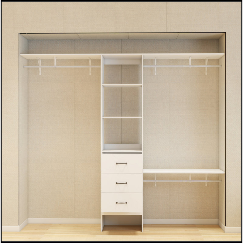 Système d'organisation 96 po, rangement pour garde-robe 8 pi avec 3 tablettes réglables, 3 tringles extensibles et 3 tiroirs, porte-vêtements intégré, L 96 po x l 16 po x H 82 po