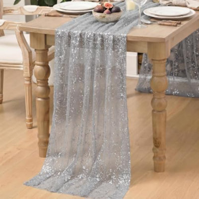 3PC Grey Gold Gauze Table Runner 120 Inch 10FT, Glitter Metallic Foil Sheer Dining Wedding Anniversary Holiday Birthday Table Decor for Home Party