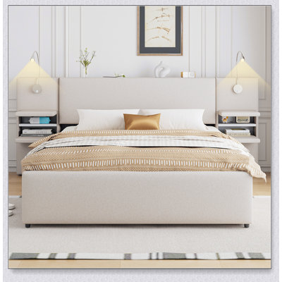 Lit plateforme tapissier avec lampes de lecture, tiroirs, lit gigogne et tablettes
