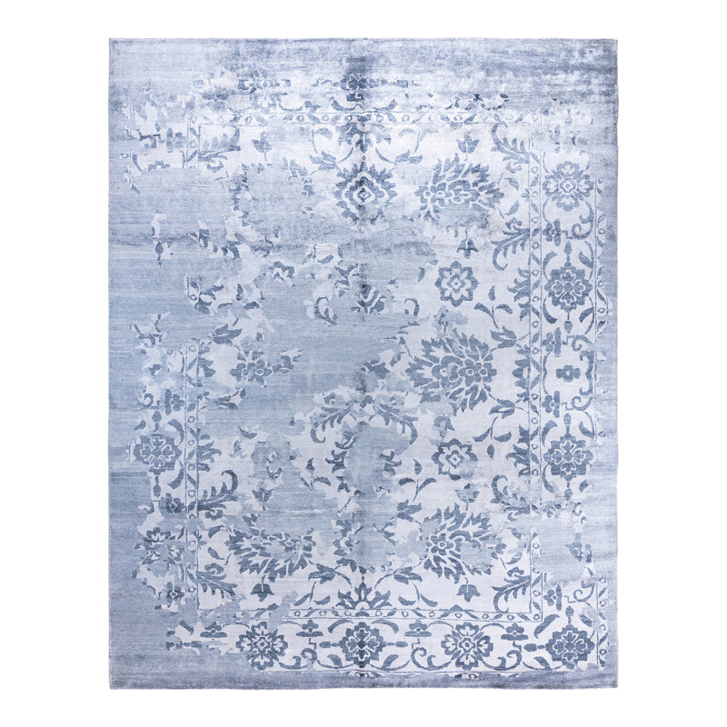 Gray Hand-Knotted Silk Rectangular Area Rug, 9' 4" x 12' 1"