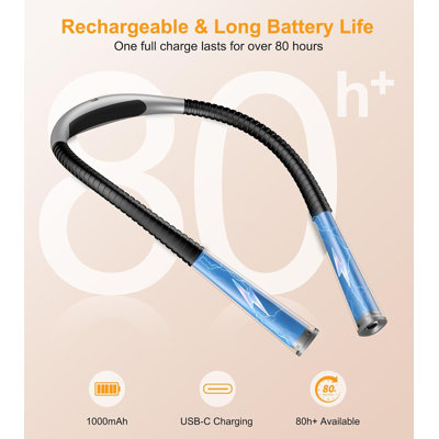 Hands Free Neck Reading Light, USB Rechargeable LED Neck Book Light with 3 Color Temperatures & Dimmable Brightness, Flexible Silicone Gooseneck Wearable Lamp for Reading in Bed, Study, Camping, 1000mAh Built-in Lithium Battery