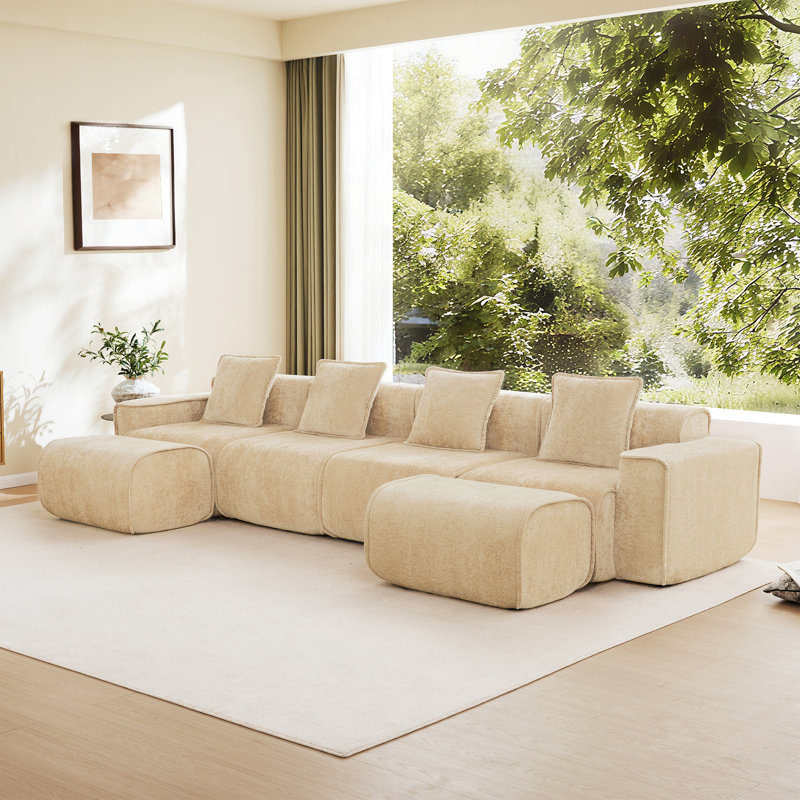 Canapé modulaire spacieux en velours avec repose-pieds sans assemblage et mobile
