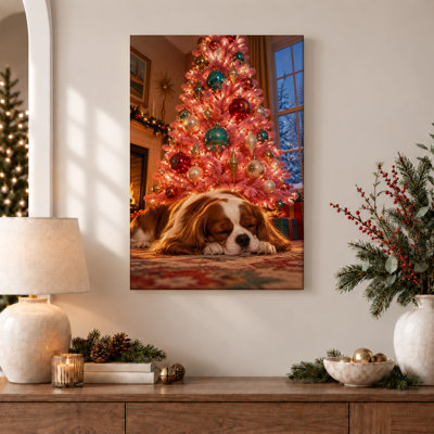 «Sleeping Brown and White Dog Near Pink Tree Christmas», art mural sur toile