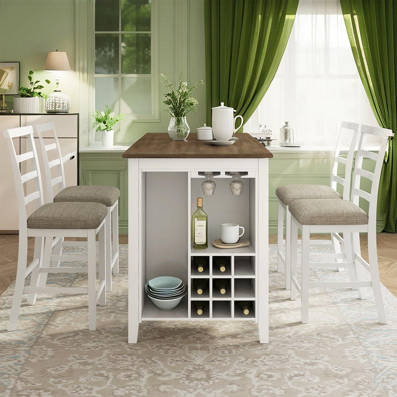 Rural Style 5-Piece Dining Table Set with 4 Padded Chairs and Built-in Storage for Dining Room, Brown/White