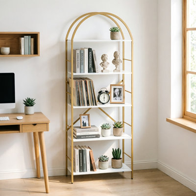 Arched Bookcase, 66"H, 5-Tier Metal Etagere with Matte Gold Frame, Vintage Display Shelf