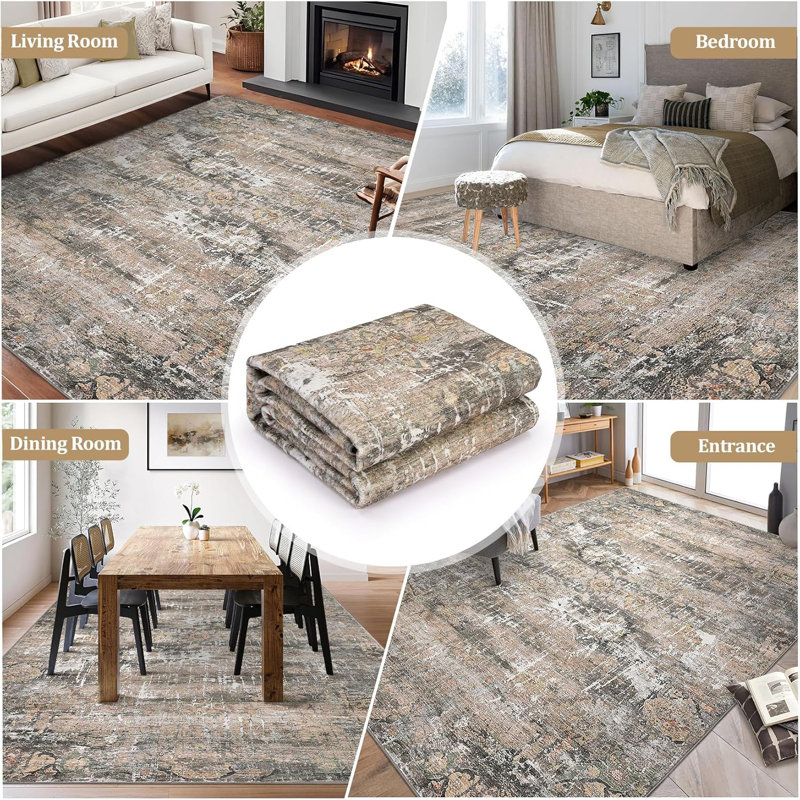 Neutral Area Rugs Washable, Soft Vintage Distressed Large Bedroom Rug Foldable Indoor Floor Carpet, Retro Abstract Farmhouse Low Pile Taupe Multi