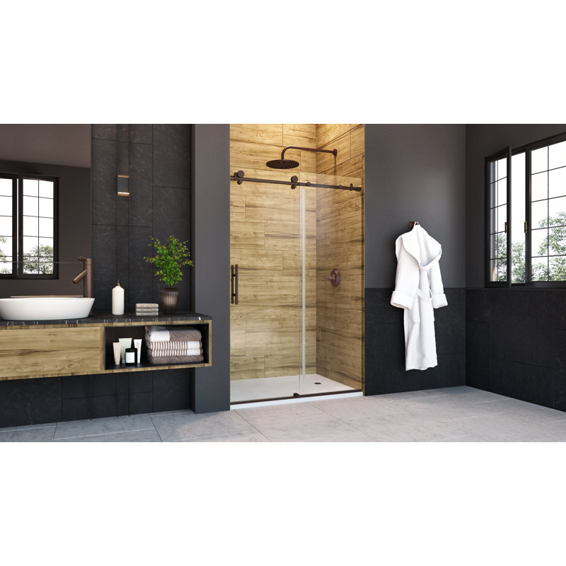 Porte de douche coulissante sans cadre en bronze huilé avec verre transparent de 3/8 po (10 mm) de largeur l 48 po x H 76 po Eclipse