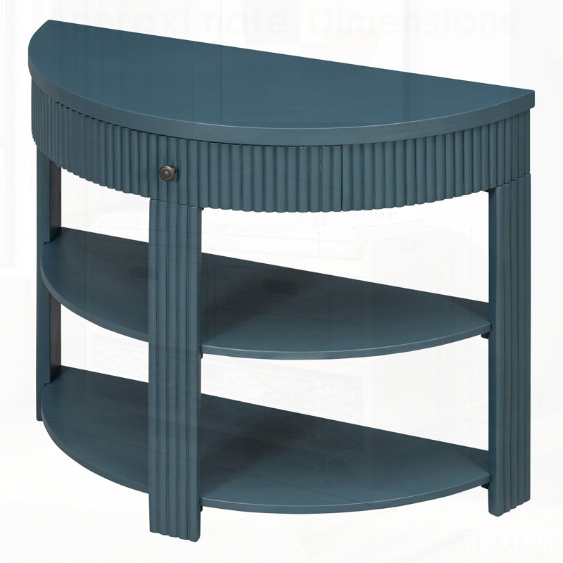 Console cannelée demi-lune avec tiroir et 2 tablettes pour le hall d'entrée, le salon et le couloir, Marine, Marine, Marine