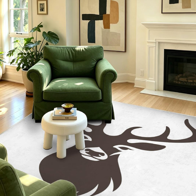 Tapis d'intérieur brun lavable à la machine, tête de cerf stylisée isolée sur un tapis., Rectangle 39 po x 63 po