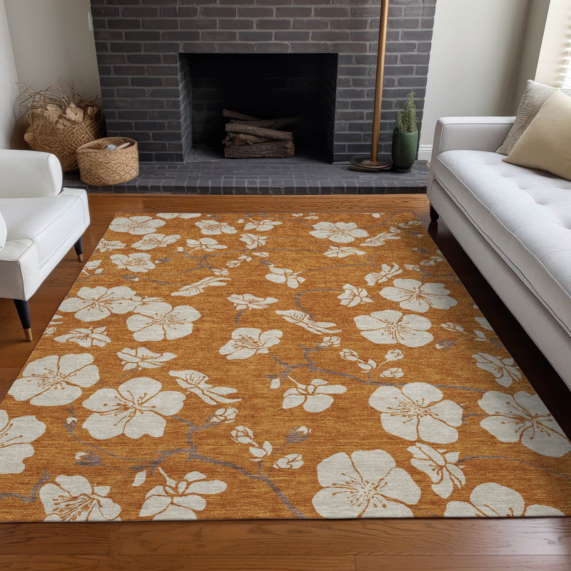 Paprika Floral Synthetic Washable Non-slip Rectangular Rug