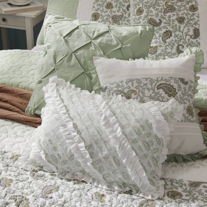 Dawn 6 Piece Cotton Percale Quilt Set with Throw Pillows, Sage Green, King/Cal.King Coverlet + 5 Additional Pieces