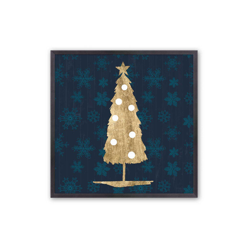 Arbre des Fêtes avec imprimé bleu marine II, H 13,75 po x l 13,75 po, Cadre simple en zinc patiné, bois massif