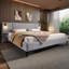 Lit tapissier chic en lin avec lumières et tablettes intégrées-533167550