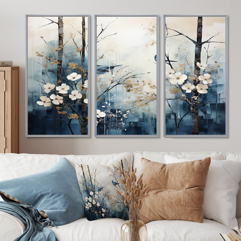 «Blue and White Forest Winter Harmony I», ensemble d'art sur toile, H 40 po x l 60 po x P 1 po, Encadrement argenté